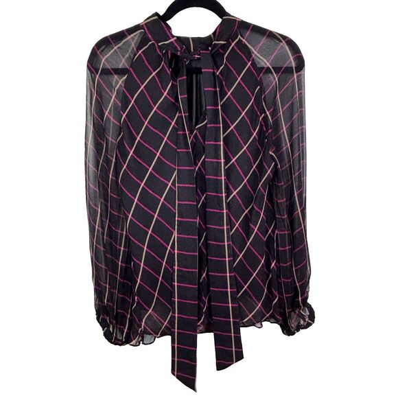 Milly Sioane Windowpane Print Silk Chiffon Top Black Pink Blouse Sheer Sleeves L - Picture 7 of 16